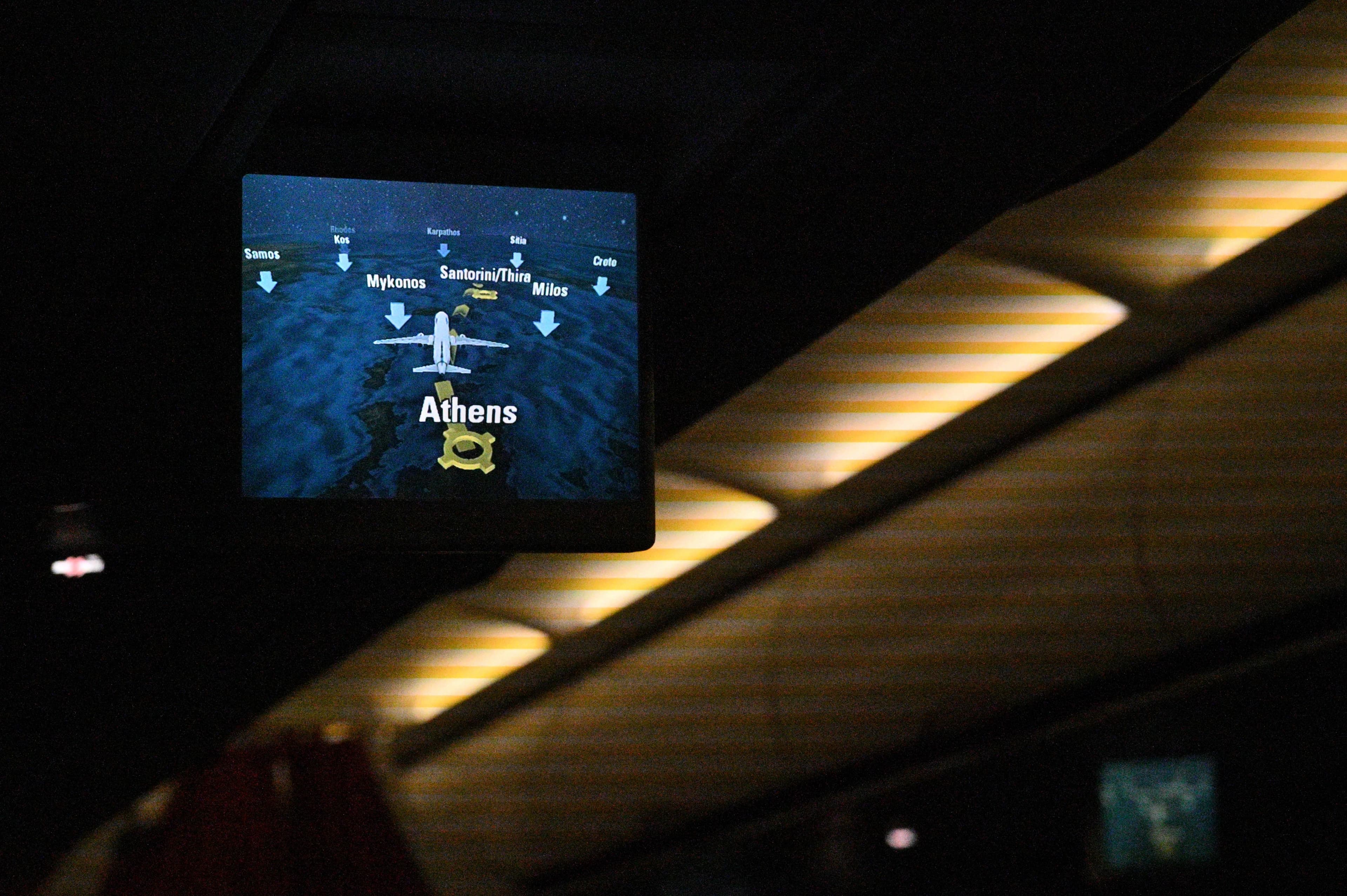 Airplane flight path display showing destinations