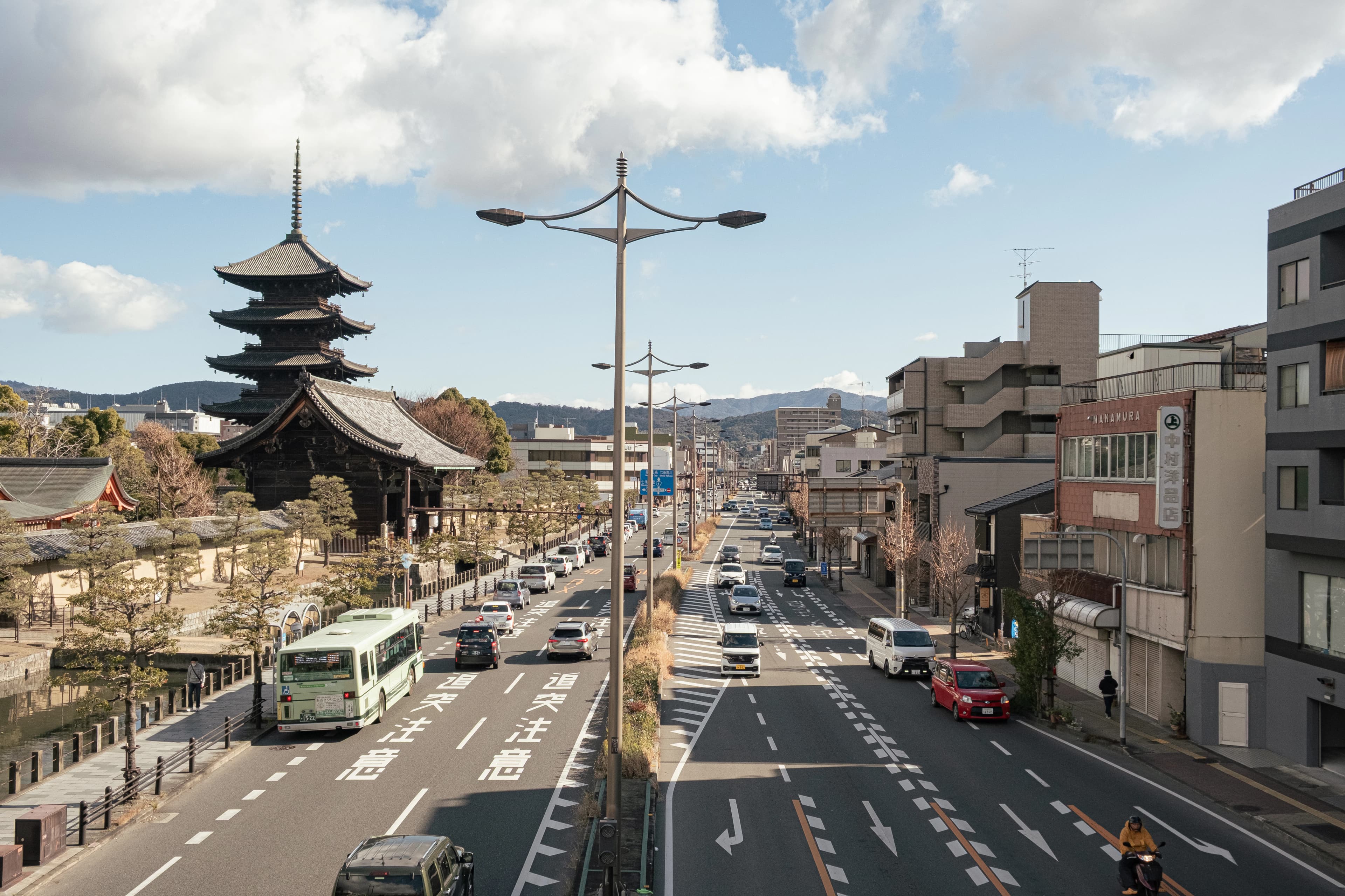 Kyoto street with a traditional temple.