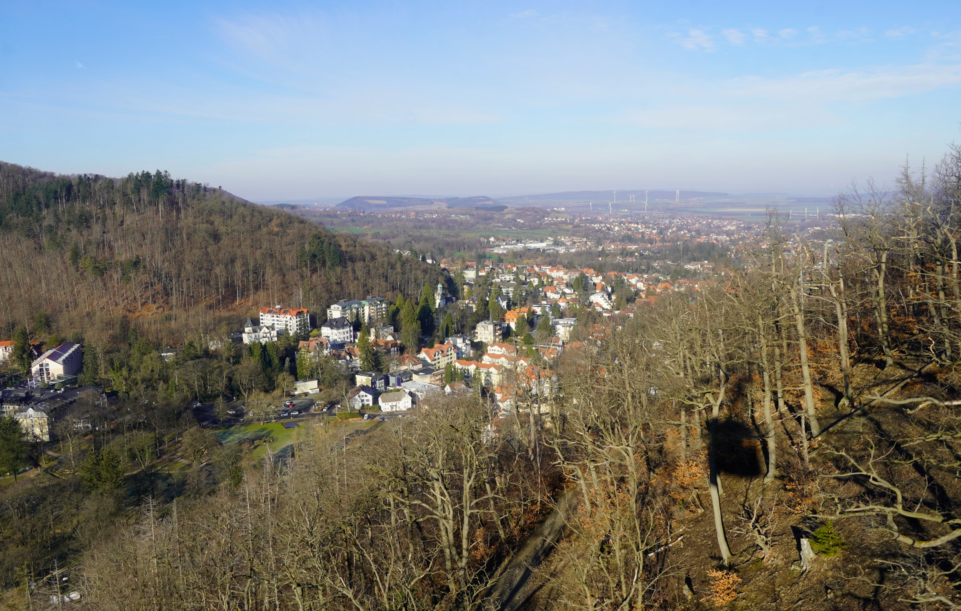 A view of a town from a hill