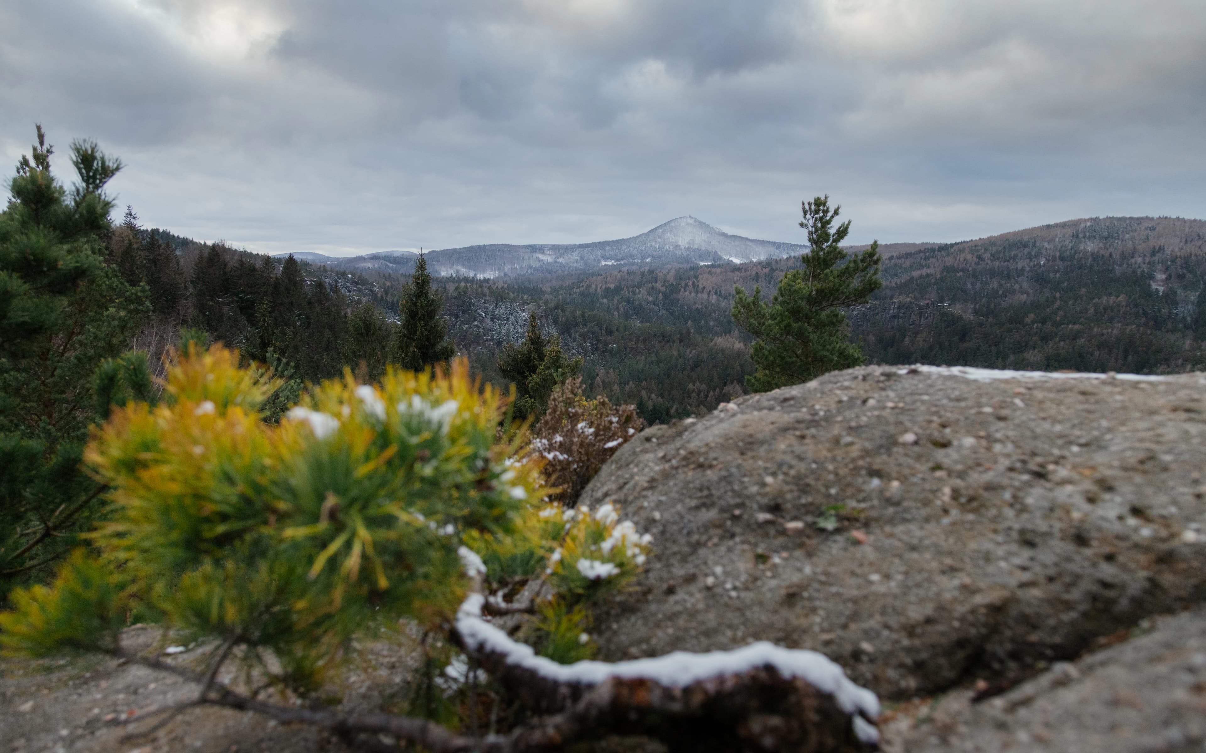 Snowy mountain landscape seen from a rocky vantage point.