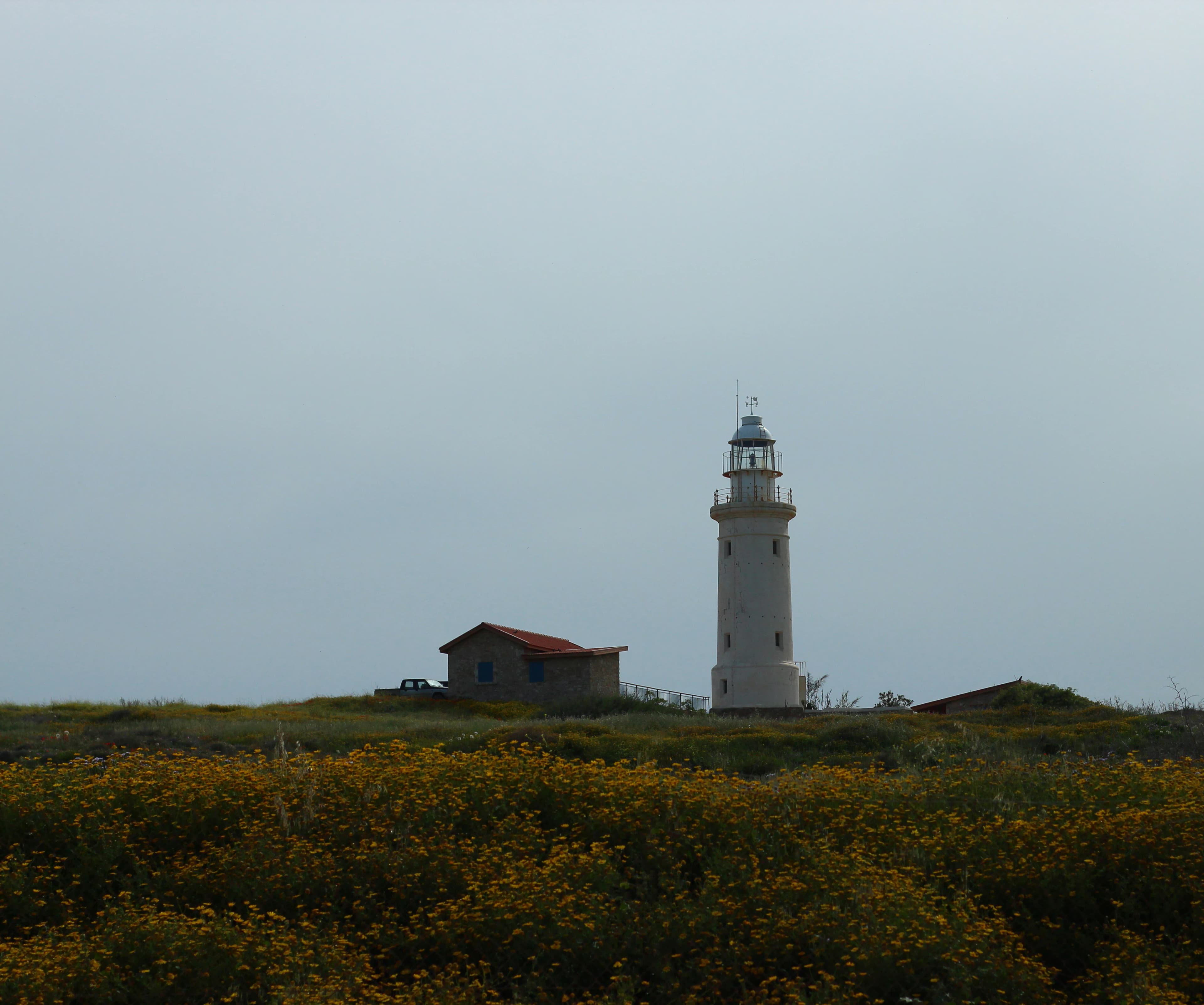 a lighthouse on top of a grassy hill